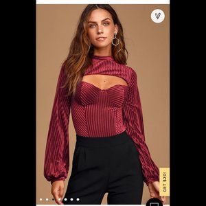 Lulu's Always Alluring Burgundy Striped Velvet Cutout Bustier Bodysuit